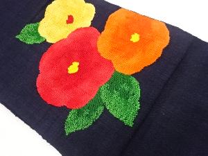 手織り真綿紬椿模様織出し名古屋帯